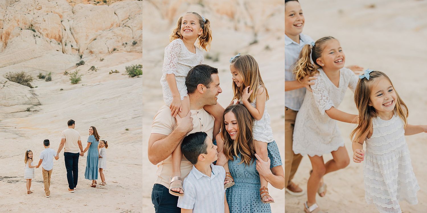 Happy family with children posing and playing together in a sunny desert landscape during a professional photo session.