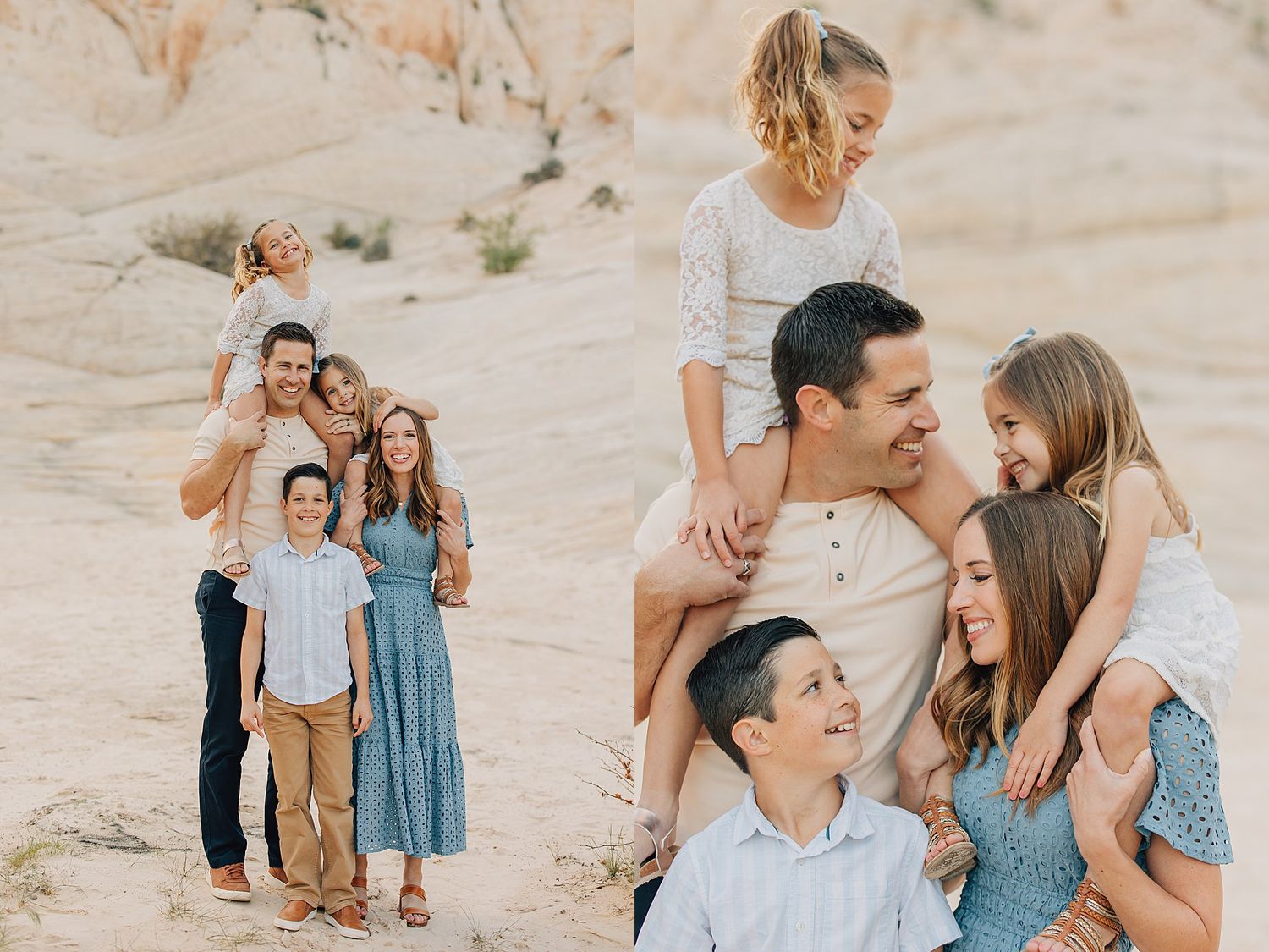 Family of five posing together in a sandy desert landscape, wearing coordinated blue and neutral outfits.