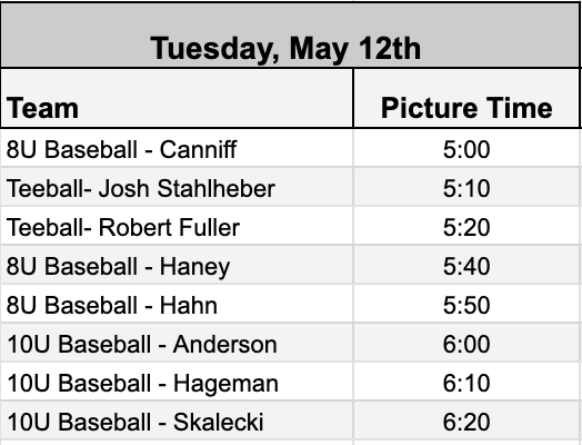 Sports team practice schedule showing various baseball and softball timeslots on Tuesday May 6th.