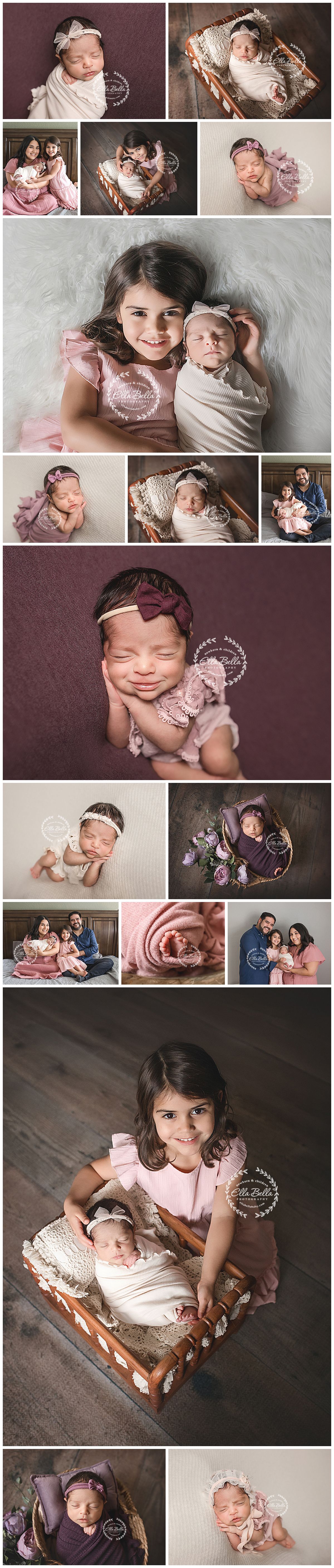Professional newborn photography collage featuring a baby girl with pink and mauve props, sibling portraits, and family photos.