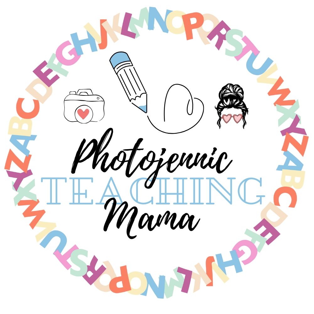 Photojennic Teaching Mama logo with alphabet border, pencil, camera, and messy bun teacher icons in pastel colors.
