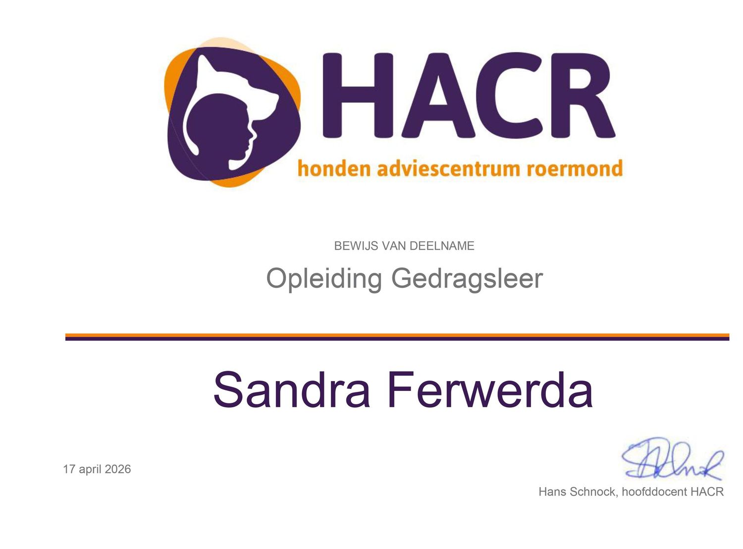 HACR certificate of participation for Sandra Ferwerda in Opleiding Gedragsleer, dated 17 April 2026.