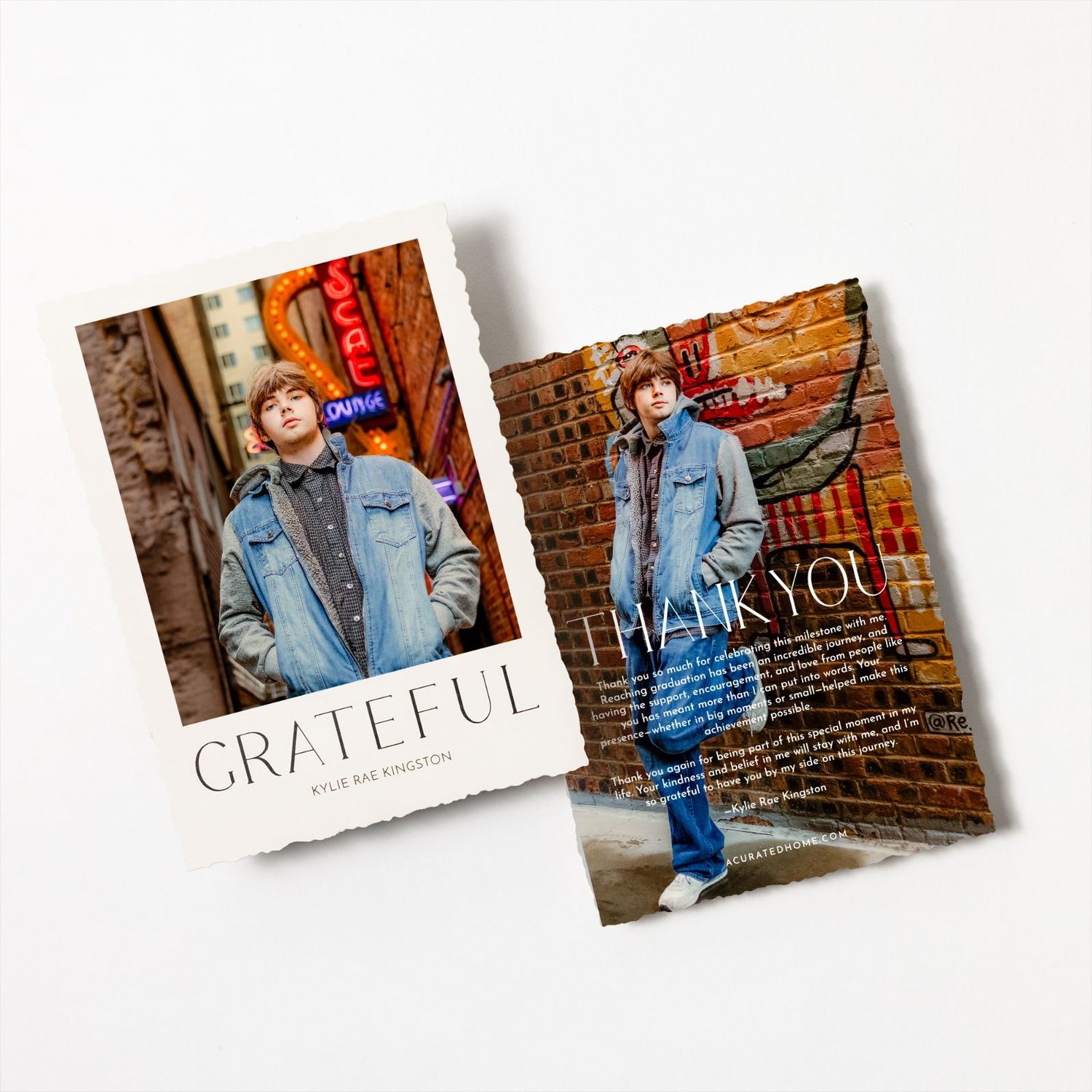 Two graduation thank you cards featuring a young man in a denim jacket with an urban backdrop with GRATEFUL and THANK YOU text in Keller TX.