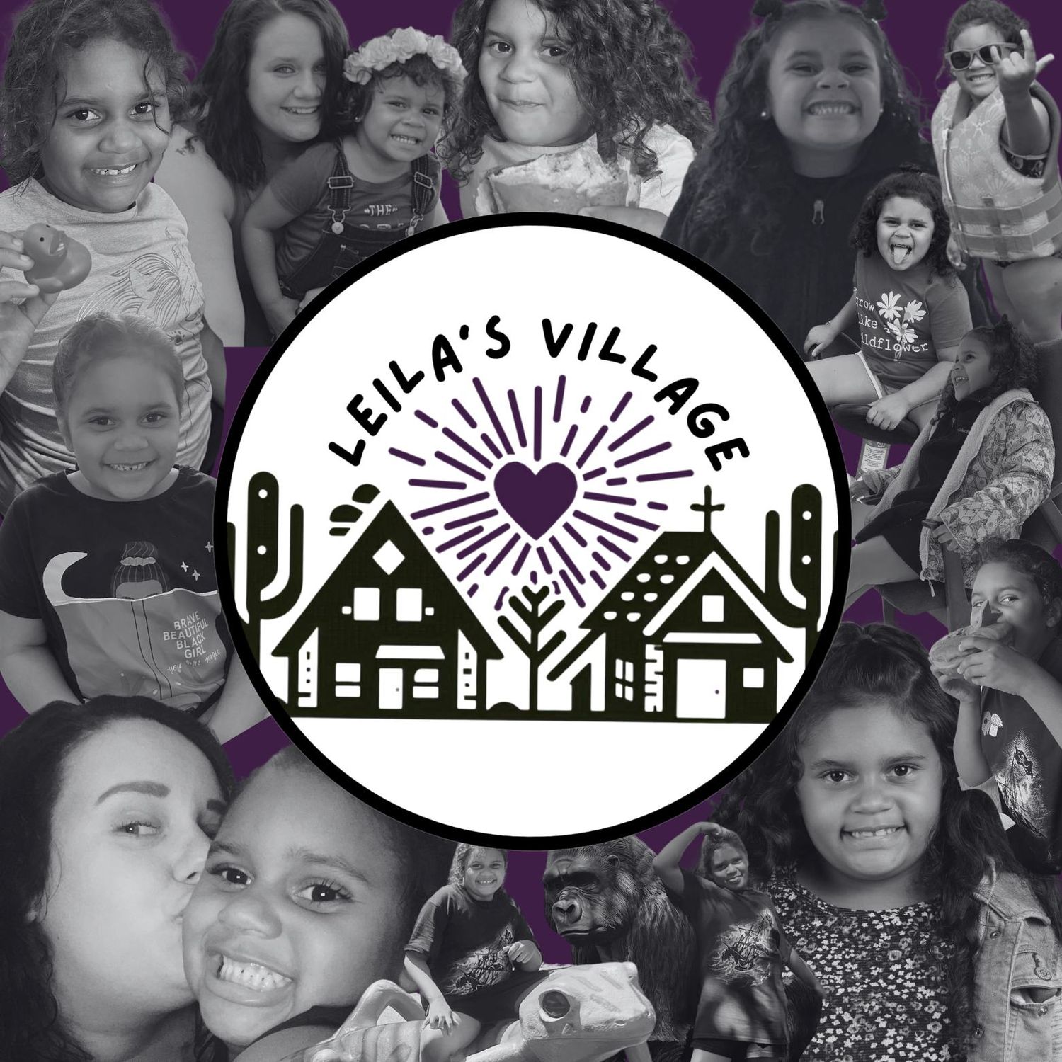 A collage of smiling faces surrounding a logo design for Leila's Village with houses and a heart.