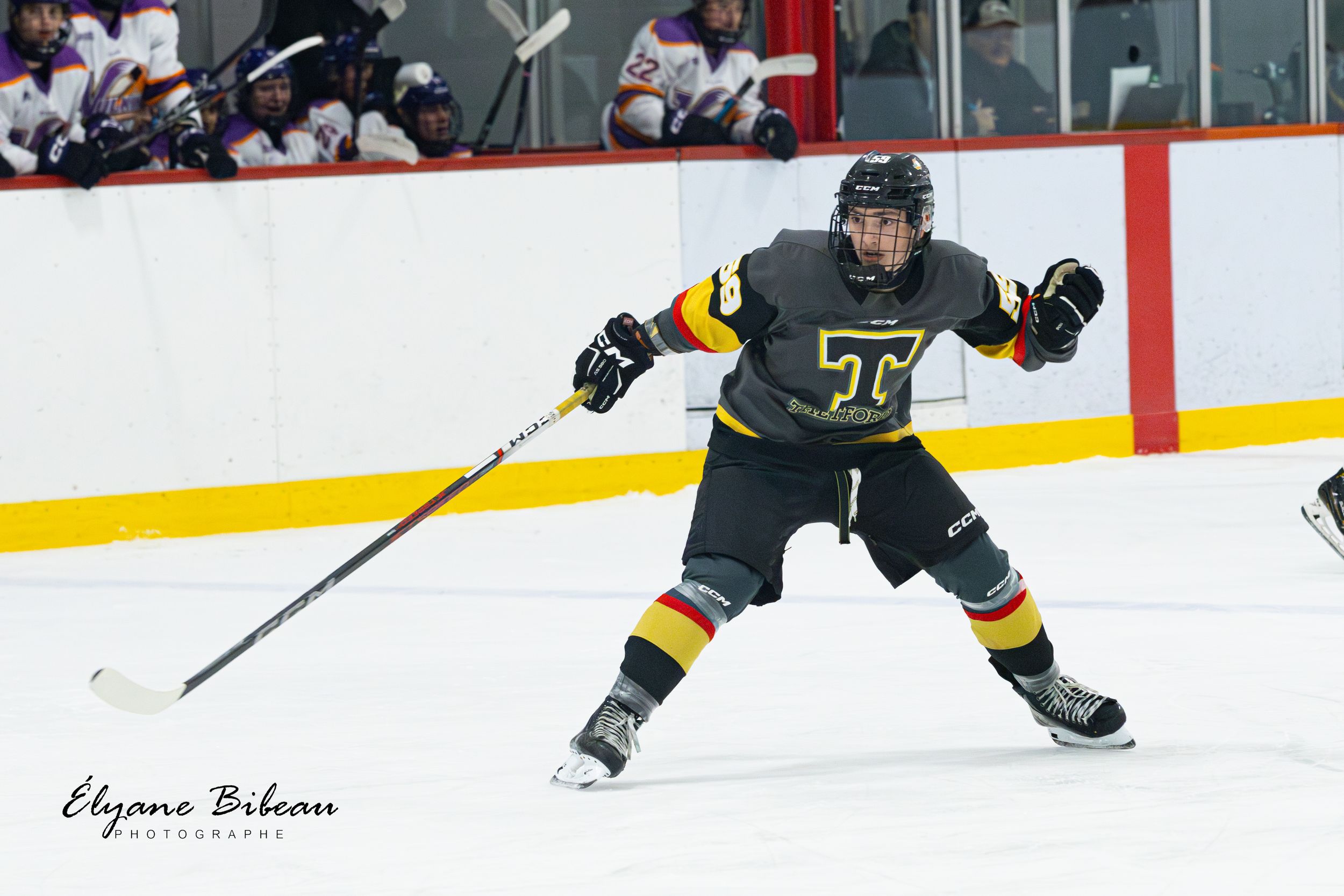 Hockey player in dark jersey maneuvers with stick on ice during game.