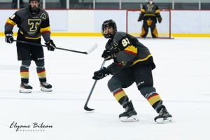Two hockey players in black and yellow uniforms coordinate during game play on ice.