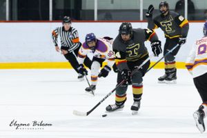 Ice hockey players in black and gold uniforms compete for the puck during an intense game.