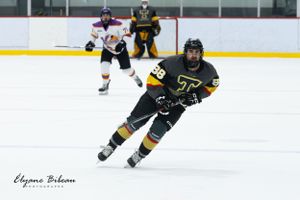 Hockey player in black and yellow uniform skates with the puck on ice.