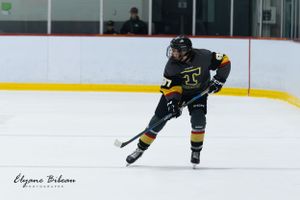 Hockey player in black and gold uniform skates with puck in offensive zone.