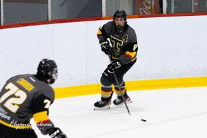Two players in matching dark uniforms coordinate play during hockey game.