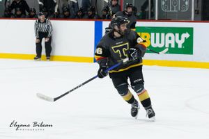 Hockey player in black uniform skates with puck near boards during game.