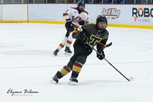 Hockey player in black and yellow uniform skates with stick on ice rink during game action.
