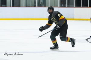 Hockey player in black and yellow uniform skates with stick during competitive match.