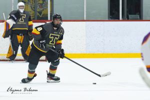 Hockey player handles puck on ice while teammate stands ready in background.