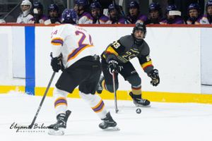 Ice hockey players compete for puck control during intense game action.