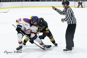 Close-up of hockey face-off between players in black and purple jerseys with referee observing.