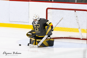 Hockey goalie makes save attempt as puck approaches the net.