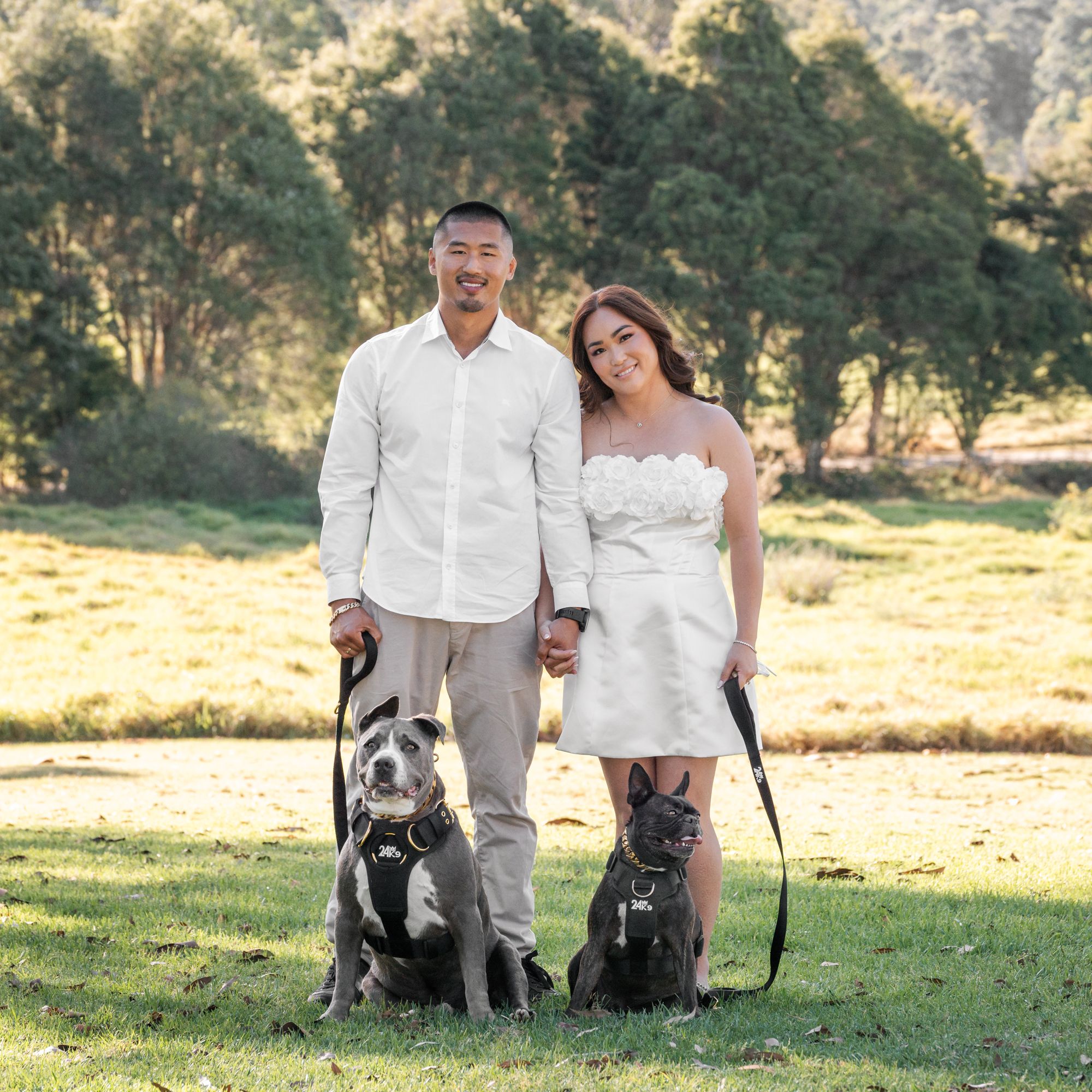 A couple poses with their dogs in a scenic outdoor setting during a photoshoot.