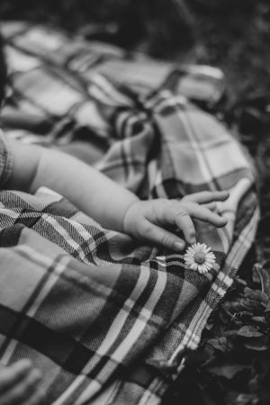 Photo en noir et blanc d'une main de bébé tenant une fleur dans un parc