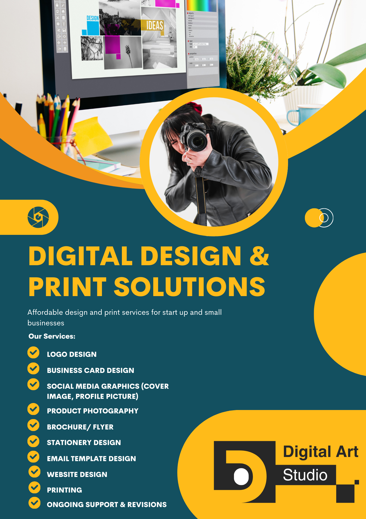 Marketing flyer for digital design and print solutions with modern layout and service list.