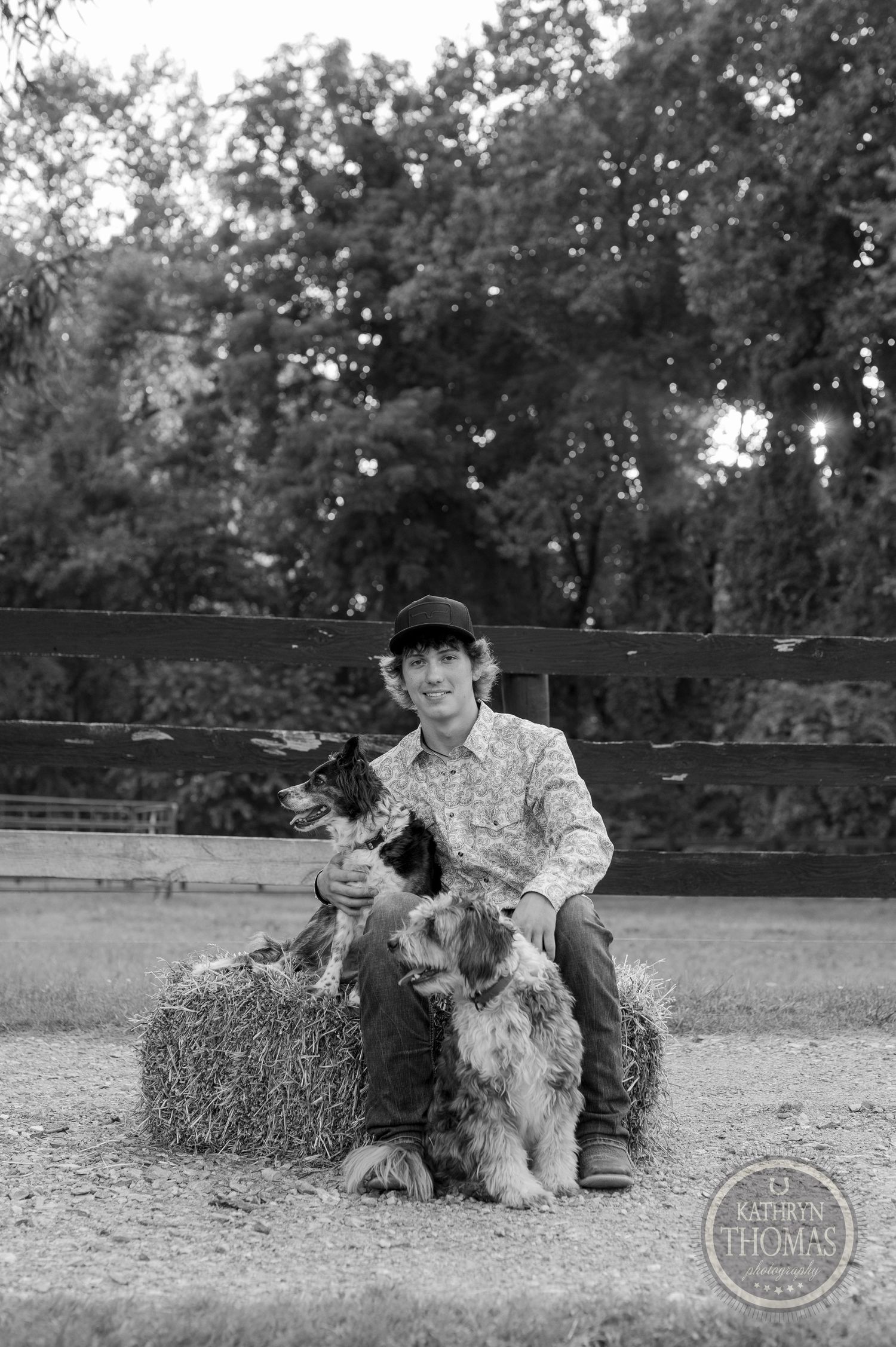 A person in a hat sits on a hay bale with a shaggy dog in a rustic outdoor setting.