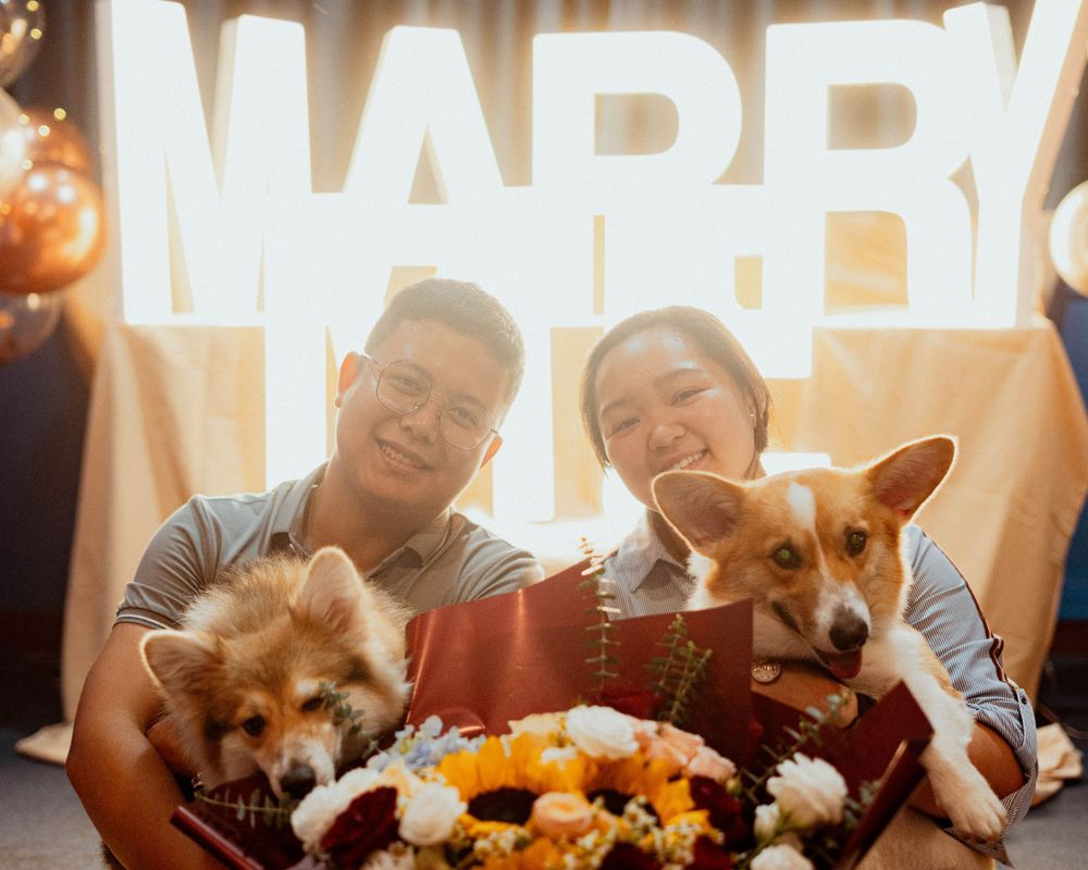 A couple poses with two adorable Corgi dogs in front of illuminated proposal signage.