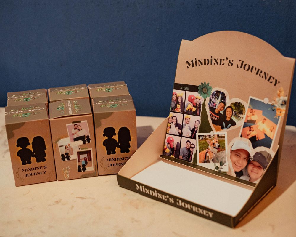 Photo display titled "Mission's Journey" with collection of memories and wooden blocks.