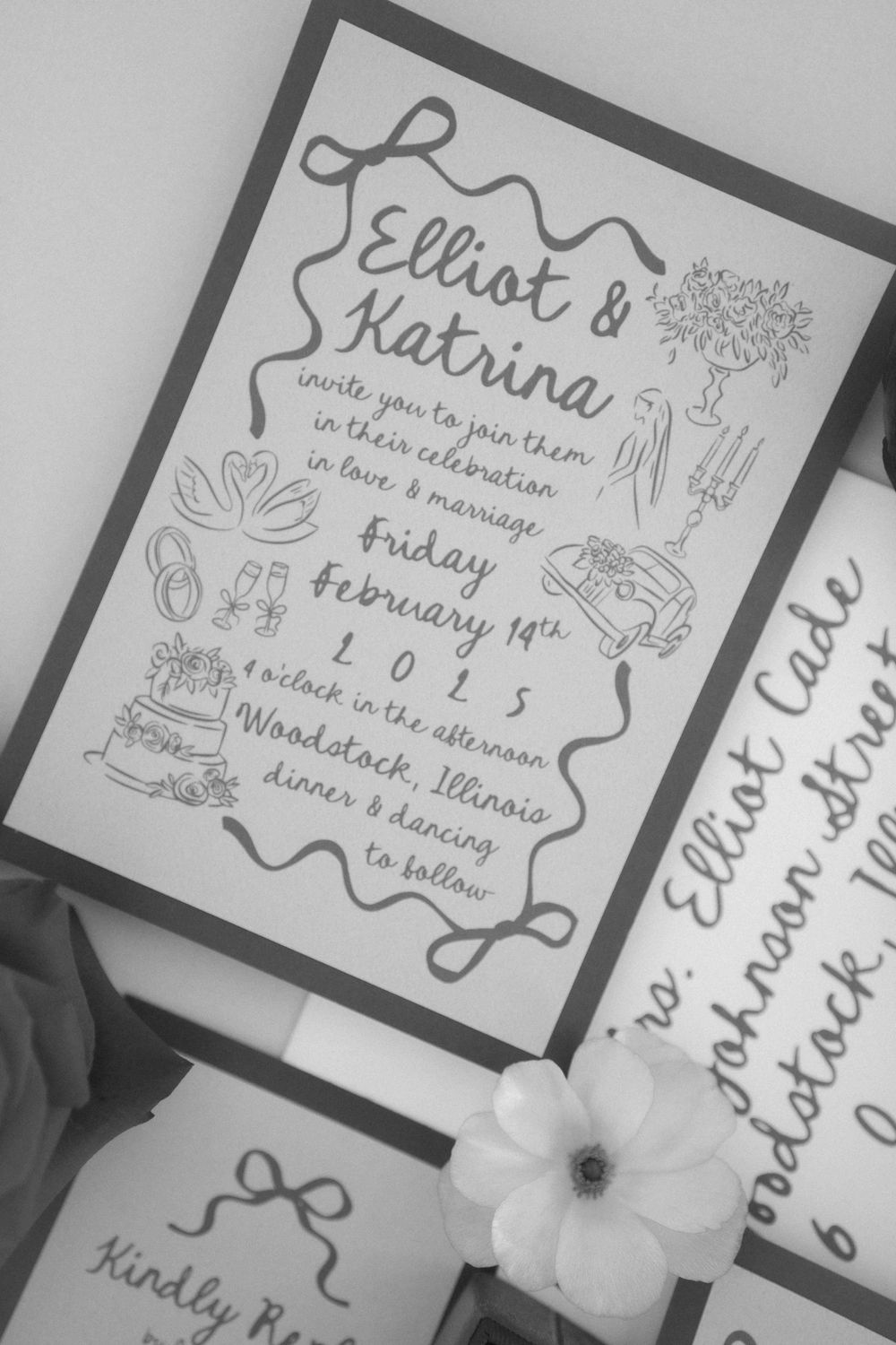 Black and white wedding invitation with hand-drawn decorative elements and floral accents. Events at Ethereal Courthouse Square