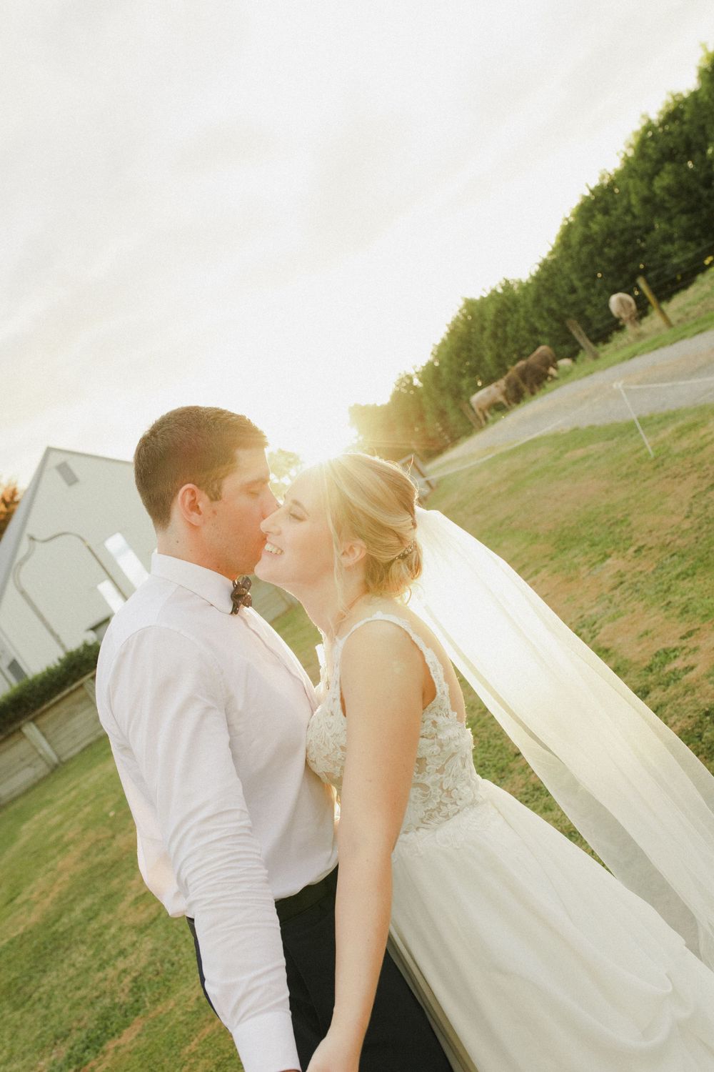 Bride and groom kissing at Rosenvale venue wedding