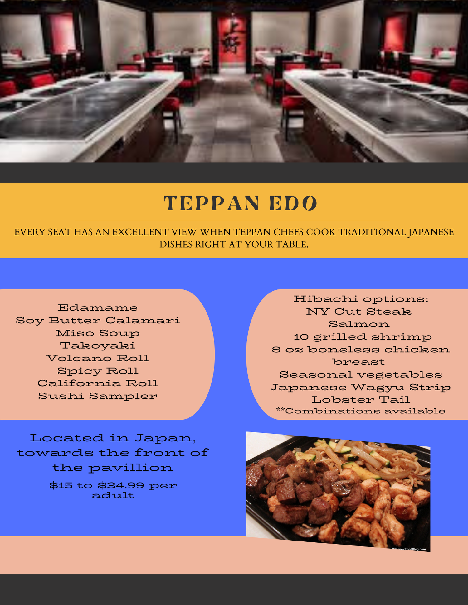 Modern teppanyaki restaurant interior with red seating and menu display showcasing Japanese dishes and signature rolls.