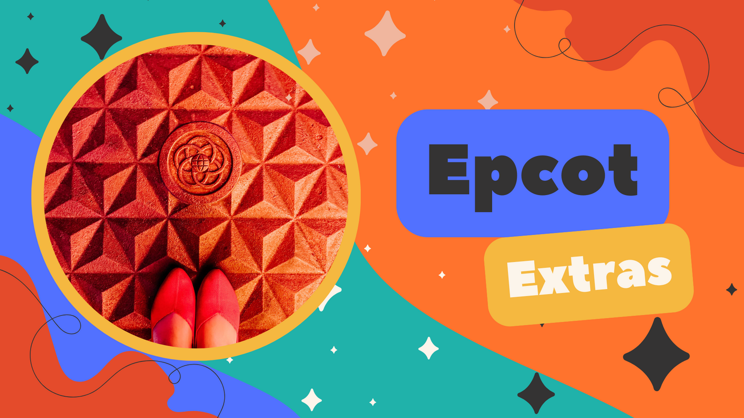 A stylized graphic design shows Epcot's iconic geodesic sphere in red against a colorful background with text reading 'Epcot Extras'.