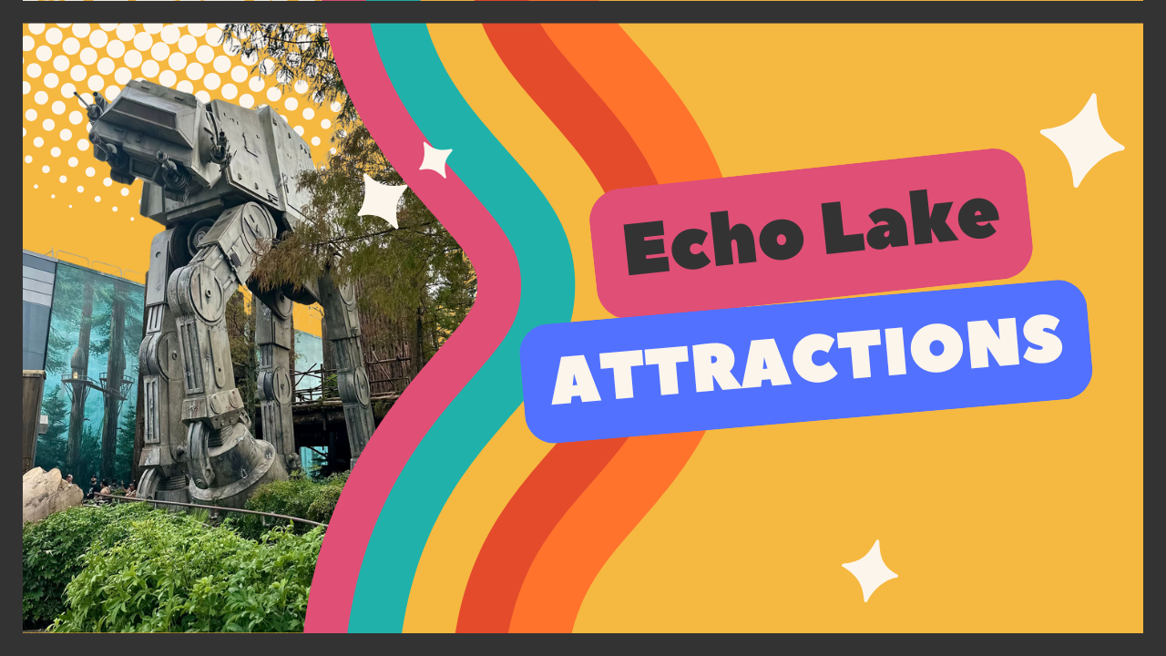 Colorful rainbow graphic design showing 'Echo Lake Attractions' text with giant robot statue against retro styled background.