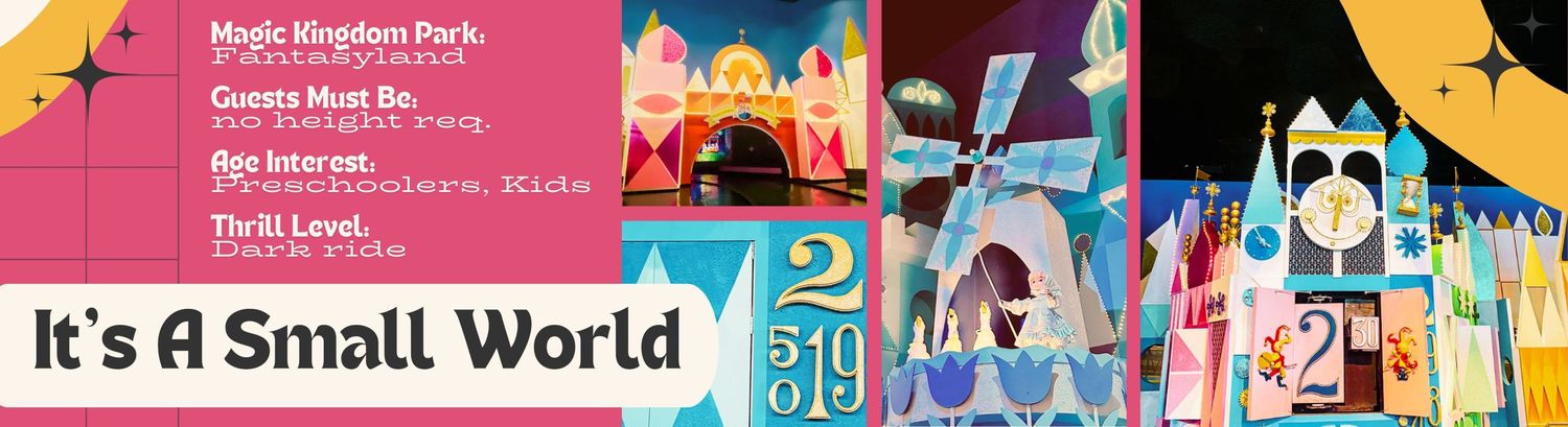 A colorful banner collage featuring theme park and Disney related artwork with text reading 'It's a Small World'.
