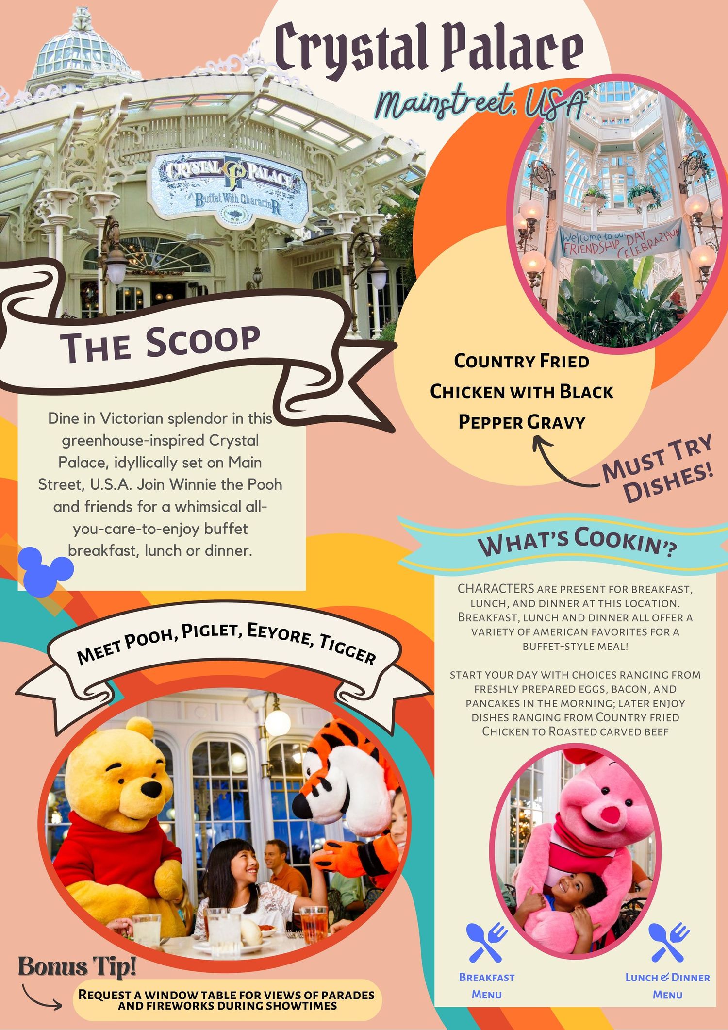 A colorful illustrated menu sign design showcasing dining offerings at Crystal Palace themed around Winnie the Pooh.