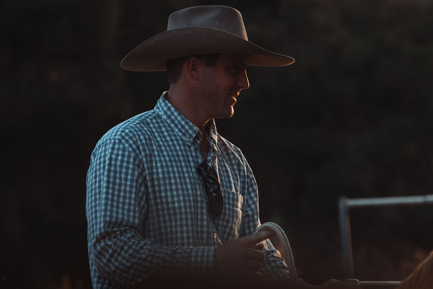 A cowboy wearing a brown hat and plaid shirt stands in dramatic lighting during sunset.