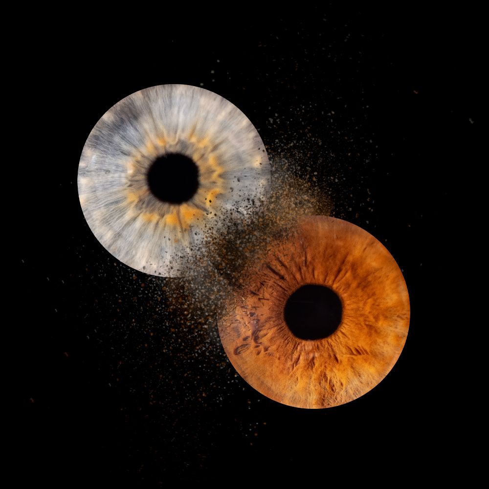 Two contrasting iris images, one light gray and one amber-colored, dissolving into particles against a black background.