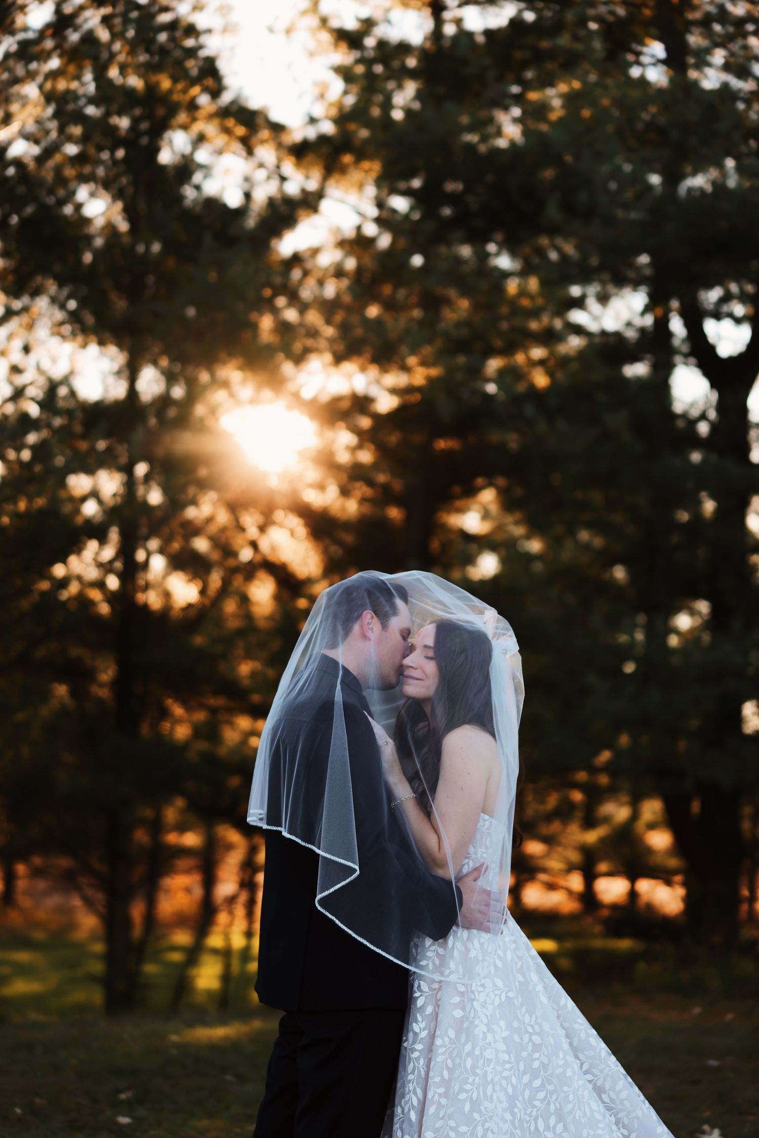 A couple shares an intimate moment under a veil during sunset, with golden sunlight filtering through trees in the background.
