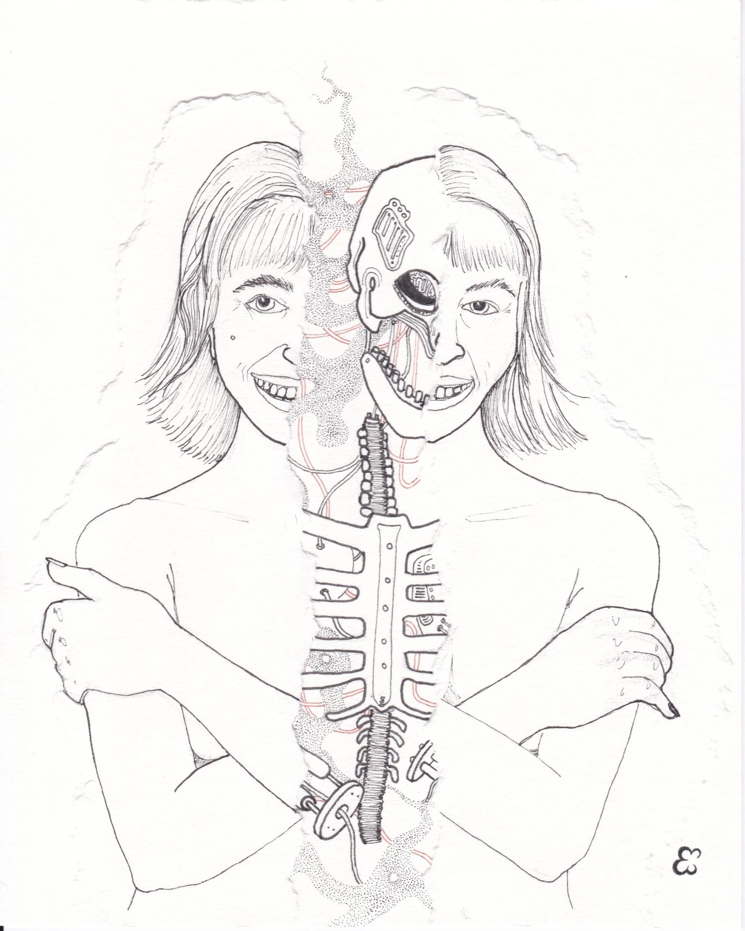Drawing of a figure split down the middle showing a mechanical skeletal column.