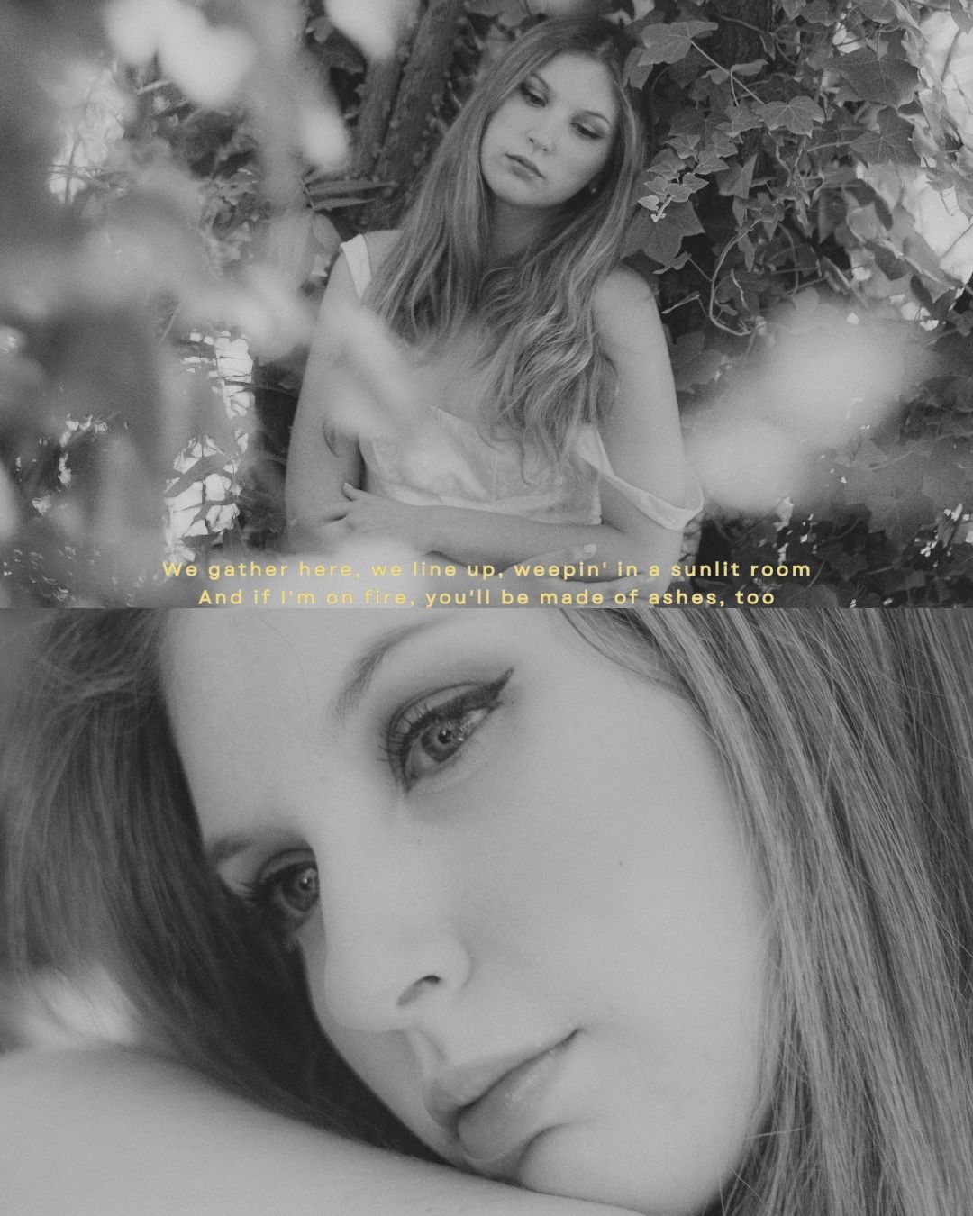 Black and white collage of blonde woman among leaves with poetic song lyrics overlay.