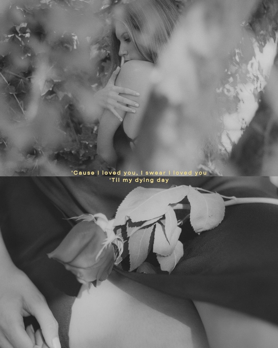 Black and white collage of woman holding roses with romantic love song lyrics overlay.