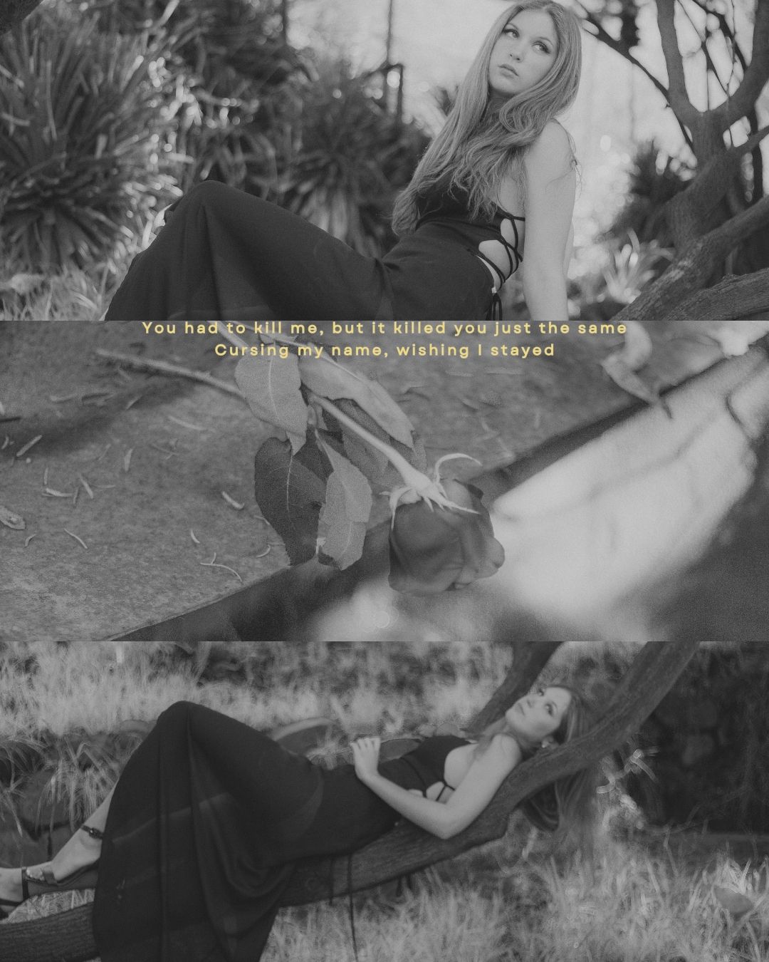 Black and white collage of a blonde woman in a garden with Taylor Swift Reputation lyrics overlay.