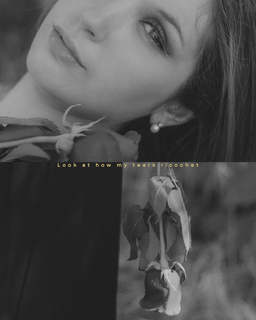 Black and white collage of a woman smiling and a wilting rose with lyrics overlay.