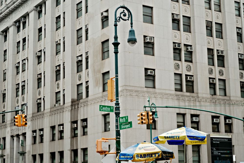 Tall historic buildings line a busy New York City street corner with traffic lights and yellow cabs visible.
