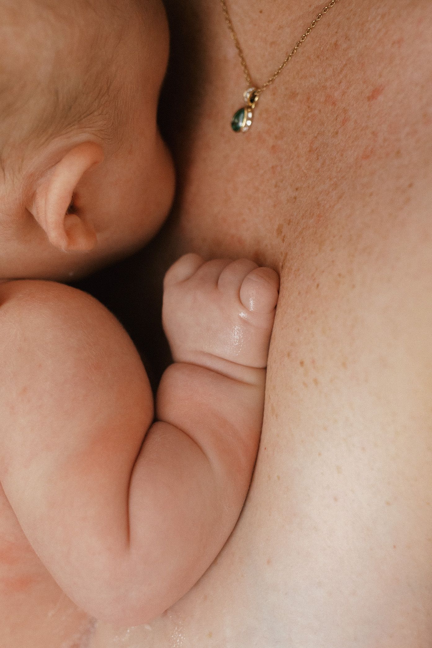 Close-up photo capturing a gentle skin-to-skin bonding moment with an infant.
