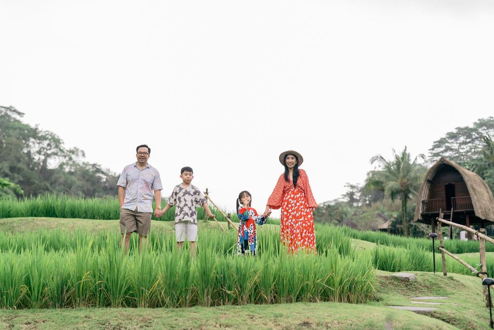 People walking together through lush green rice fields on a sunny day in Asia.