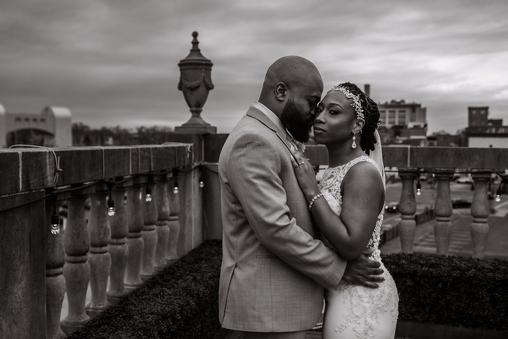 A series of black and white photos showing intimate moments between couples in an urban setting.
