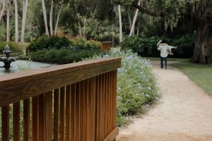 A wooden deck railing overlooking a garden path with blooming flowers and trees.