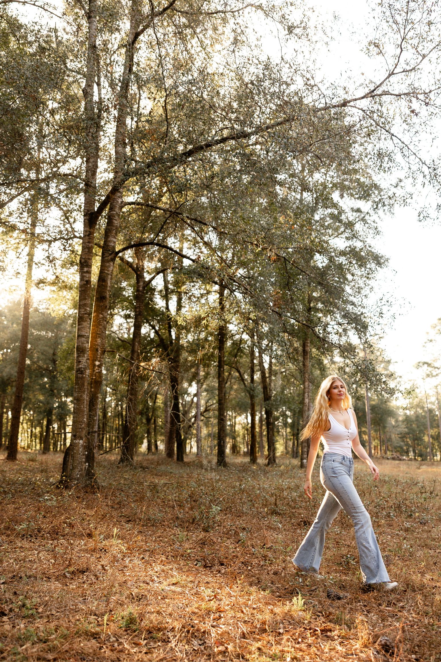 A series of photos showing a person walking through a sunlit forest with fallen autumn leaves on the ground.