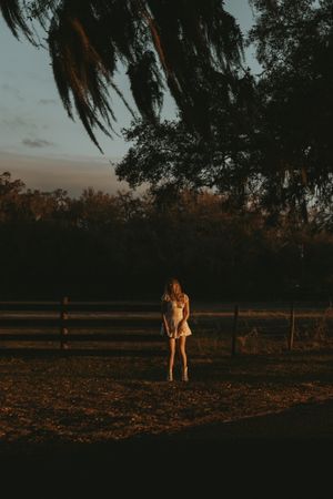 Silhouetted figure walking in a field at sunset with trees and wooden fence in the background.