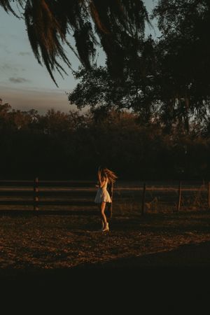 Silhouetted figures against a dusky sky in a rural field at sunset.